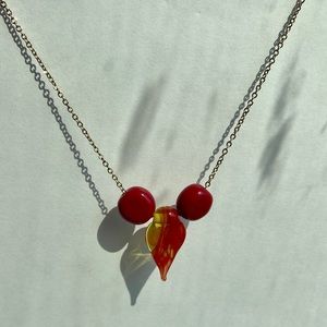 Lampwork leave & clay bead pendant non tarnish gold necklace stainless steel